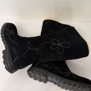 UGG Black Embroidery Leather Boots with Floral Design Size 10